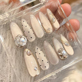 Handemade Creamy Pearl Cat-Eye Press-On Nails –Long ALMOND | 10 PCS Set