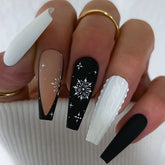 Frosted Black Winter Press-On Nails–long Ballet | 24 PCS Set