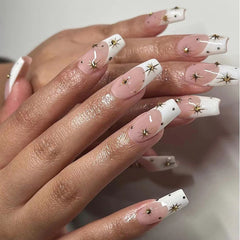 French White-Tip Rhinestone Star-Glitter Press-On Nails- BALLET | Long
