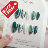 Modern Green White Grid Press-On Nails –Medium Almond | 30PCS Set