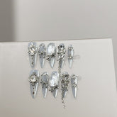 Handemade Ice-Tone Glitter & Feather ArtPress-On Nails –Long STILETTO | 10 PCS Set