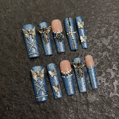 Handmade Denim Angel Press-On Nails – Square | Long