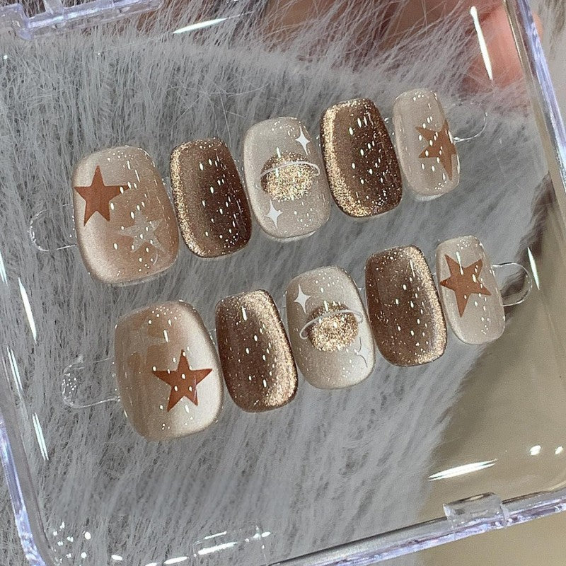 Ditto handmade marron glow cat-eye press-on nails short square reusable fake nails