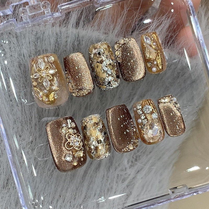 Ditto handmade Maillard cat-eye press-on nails short square reusable fake nails