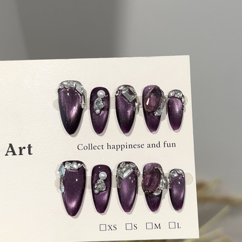 Handemade Midnight Amethyst Cat-Eye Press-On Nails–Medium ALMOND | 10 PCS Set