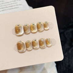 Ditto cat's eye glass beads short oval press-on nails reusable design