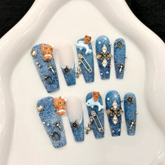 Handmade Denim Cat Press-On Nails – BALLET | Long