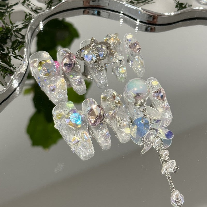 Ditto bubble ice full bling long ballet press-on nails luxury reusable design