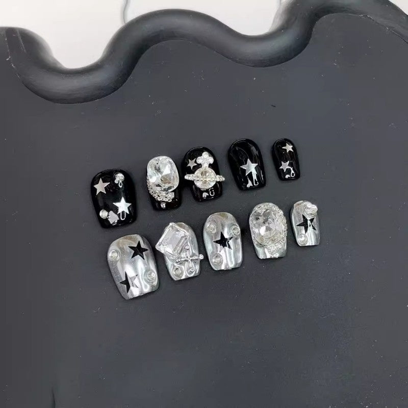 Ditto full silver rhinestone short ballet press-on nails reusable design