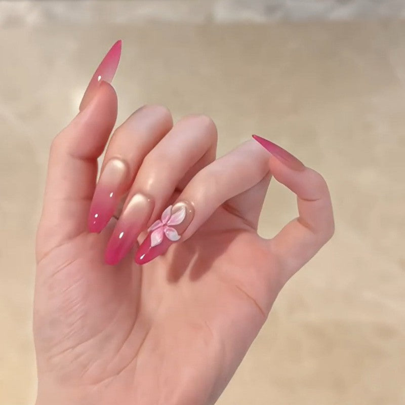 Long oval waterproof vegan reusable Hot Barbie pink cat-eye press-on nails Ditto