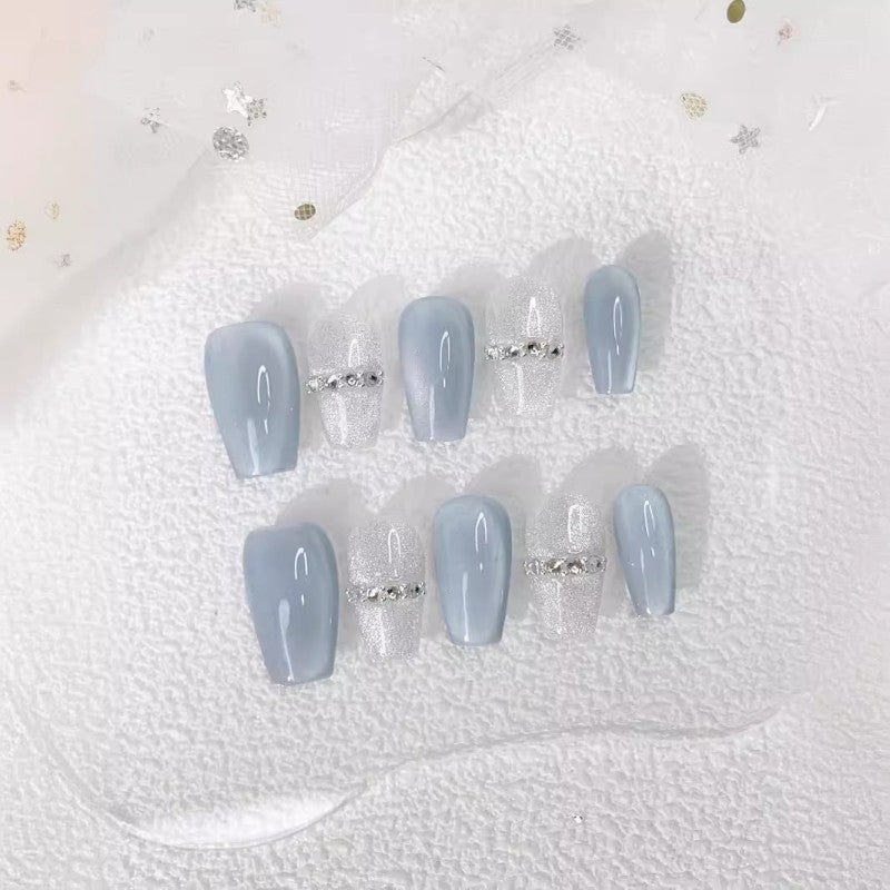 Ditto icy crystal cat-eye short ballet press-on nails reusable design