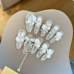 Handmade Milky-White Camellia Press-On Nails –Long STILETTO  | 10 PCS Set