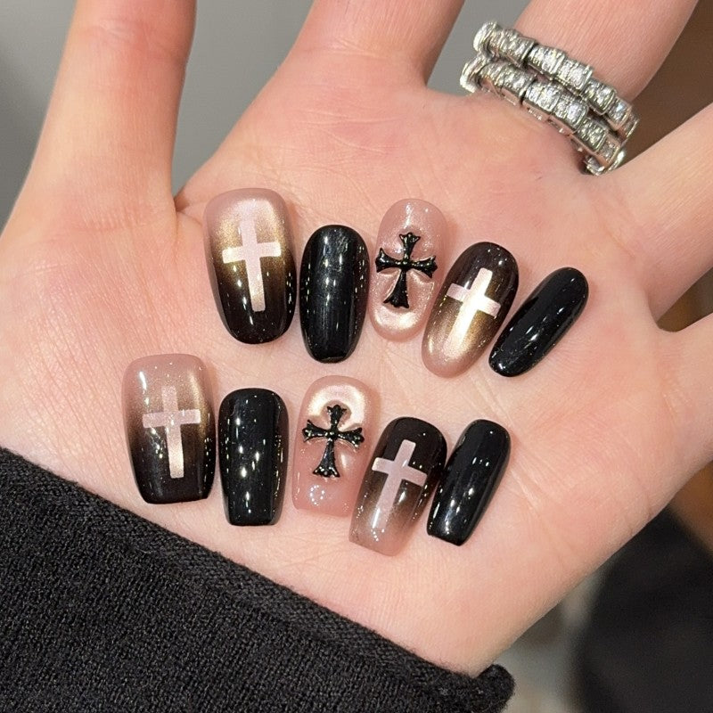 Ditto black pink nun medium square press-on nails reusable design