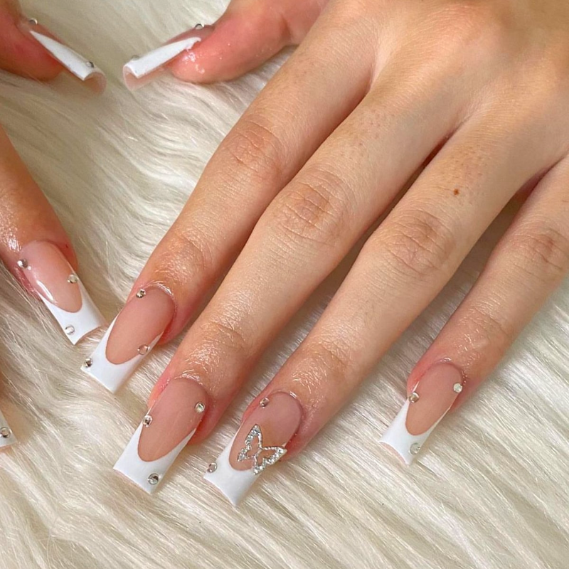 French Butterfly Diamond Press-On Nails - SQUARE  | Long