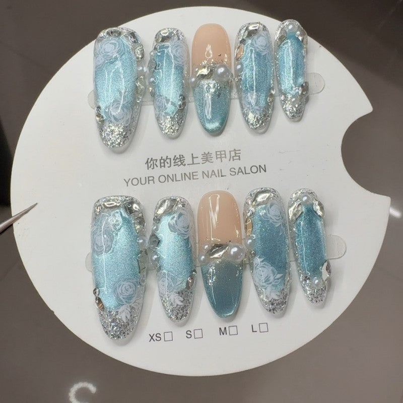 Ditto hand-painted floral long oval press-on nails reusable design