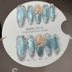 Ditto hand-painted floral long oval press-on nails reusable design