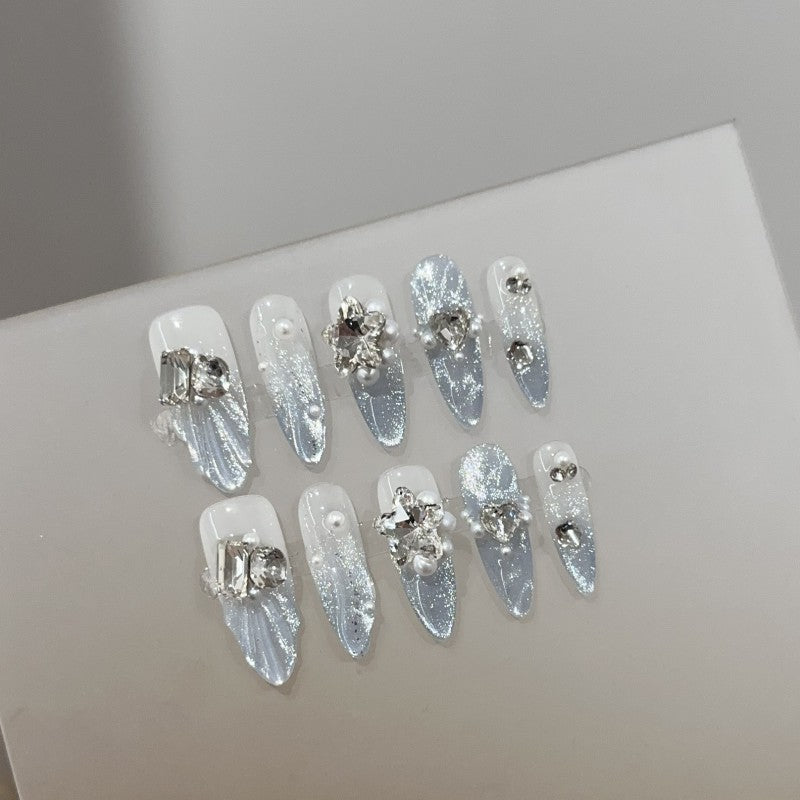 Handmade Misty-Blue Cat-Eye Press-On Nails –Long STILETTO  | 10 PCS Set