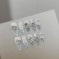 Handmade Misty-Blue Cat-Eye Press-On Nails –Long STILETTO  | 10 PCS Set