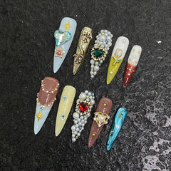 Handmade Jewel Blossom Press-On Nails – Stiletto |Long