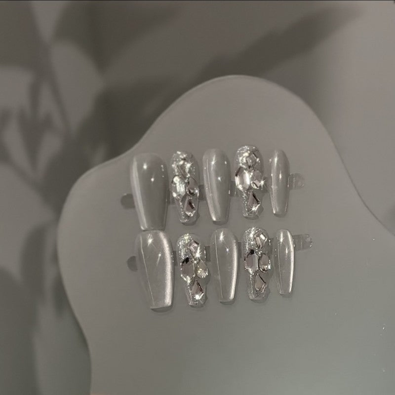 Handmade Platinum Spark Cat-Eye Press-On Nails–Medium BALLET | 10 PCS Set