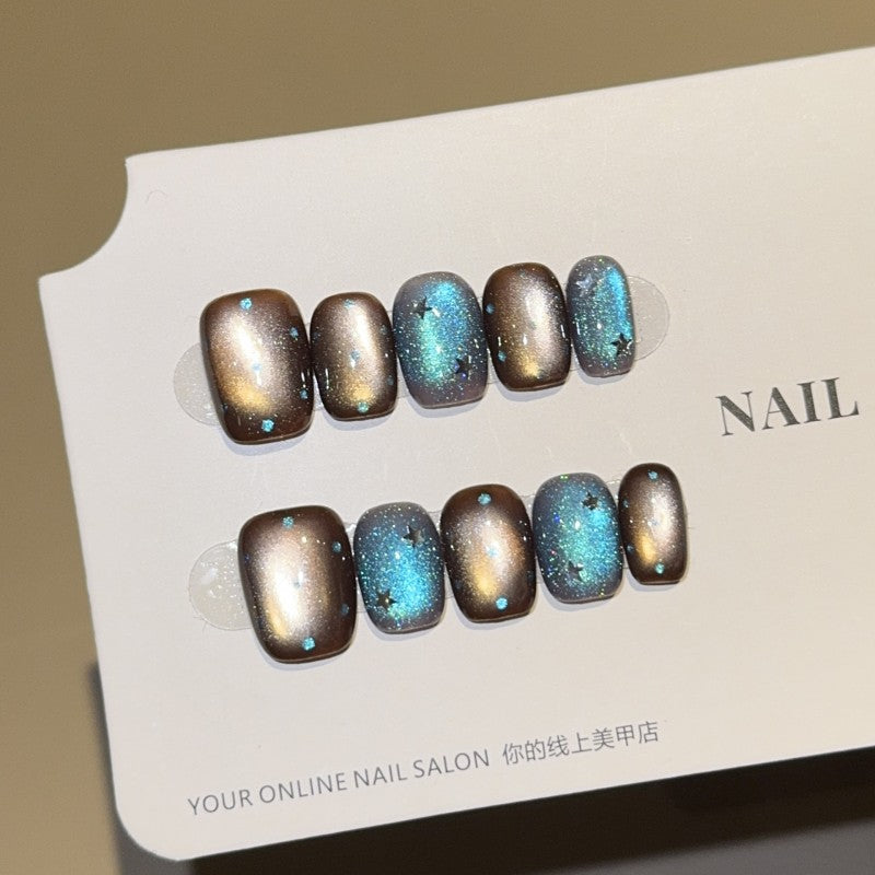 Ditto aurora brown-blue short oval press-on nails reusable design
