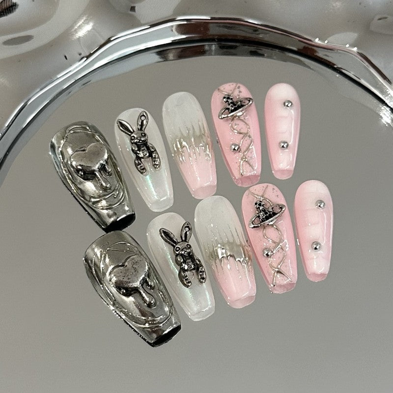 Ditto bunny planet silver pink medium ballet press-on nails reusable design