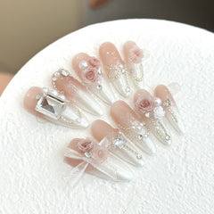 Ditto blushing camellia rose long stiletto press-on nails reusable design