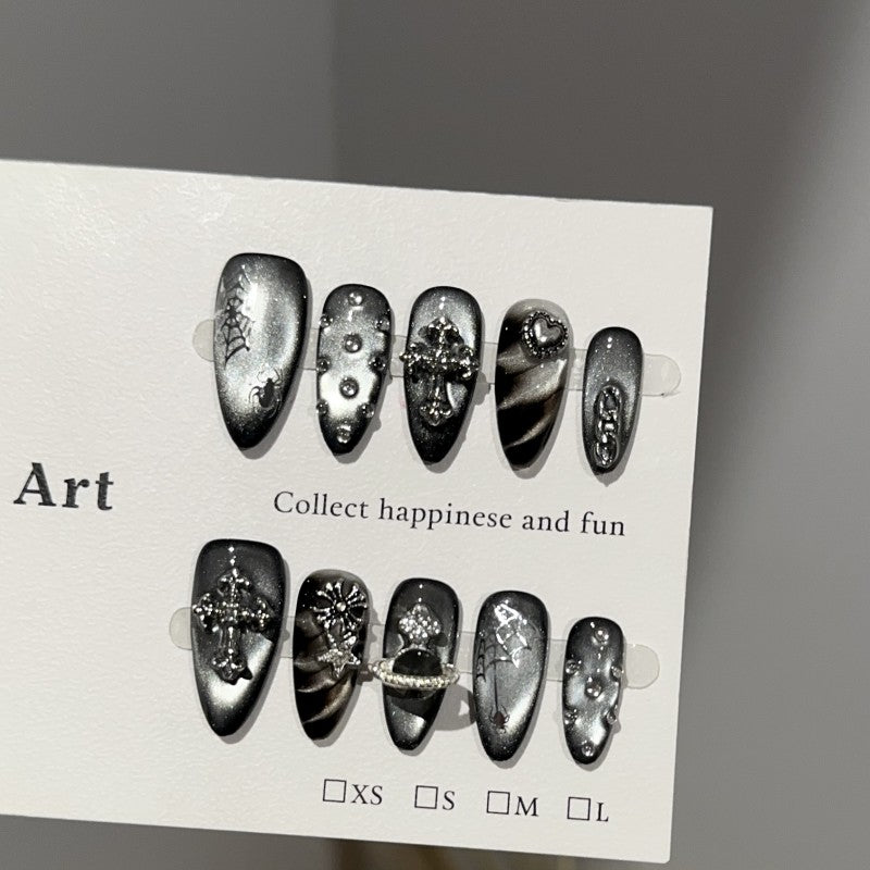 Handmade Obsidian Chrome Cat-Eye Press-On Nails –Medium ALMOND | 10 PCS Set