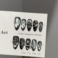 Handmade Obsidian Chrome Cat-Eye Press-On Nails –Medium ALMOND | 10 PCS Set
