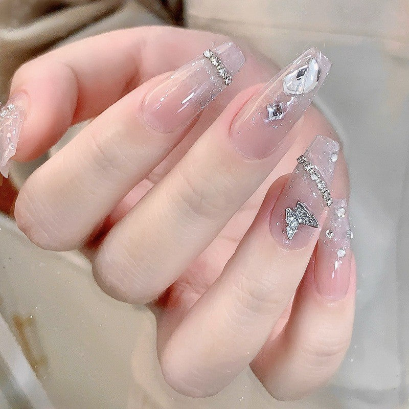 Ditto butterfly shiny rhinestones medium ballet press-on nails reusable design