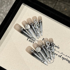 Handmade Silver Moon & Star Press-On Nails – Stiletto | Extra Long