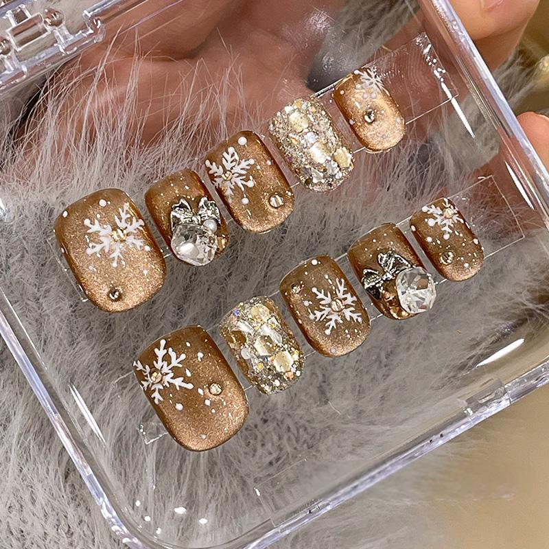 Ditto handmade cognac amber cat-eye press-on nails short square reusable