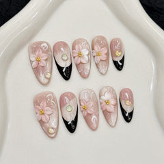Ditto pink hand-carved medium almond press-on nails reusable design