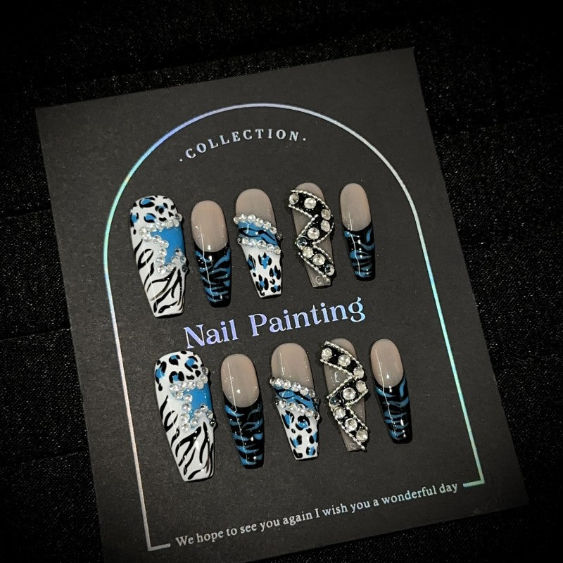 Ditto Blue Panthera Pardus Rhapsody medium ballet press-on nails reusable design