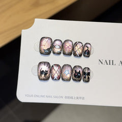 Ditto cat cafe short square press-on nails reusable design