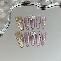 Handmade Amethyst Whisper Cat-Eye Press-On Nails –Long STILETTO  | 10 PCS Set