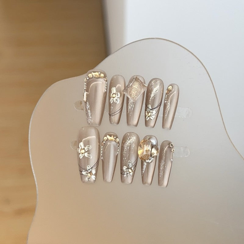 Handmade Sweet-Dew Cat-Eye Press-On Nails –Long BALLET | 10 PCS Set