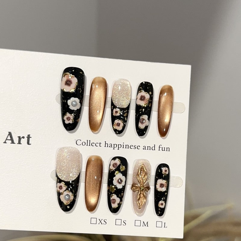 Ditto noir gold petal cat-eye long oval press-on nails reusable luxury design