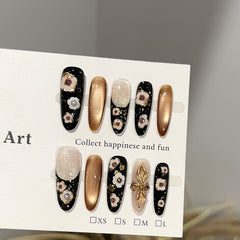 Ditto noir gold petal cat-eye long oval press-on nails reusable luxury design