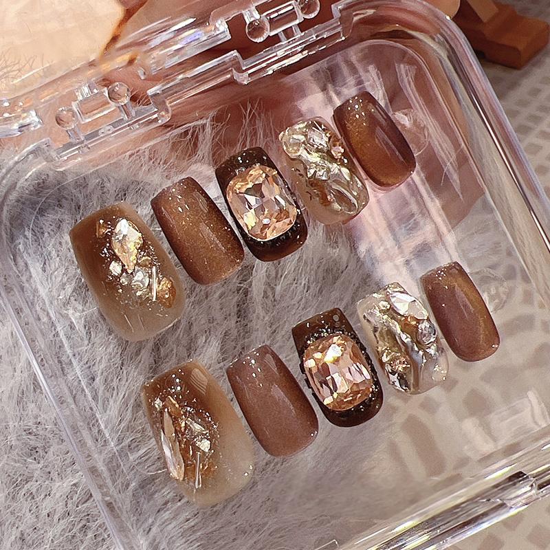 Handemade Amber Press-On Nails–Short SQUARE | 10 PCS Set