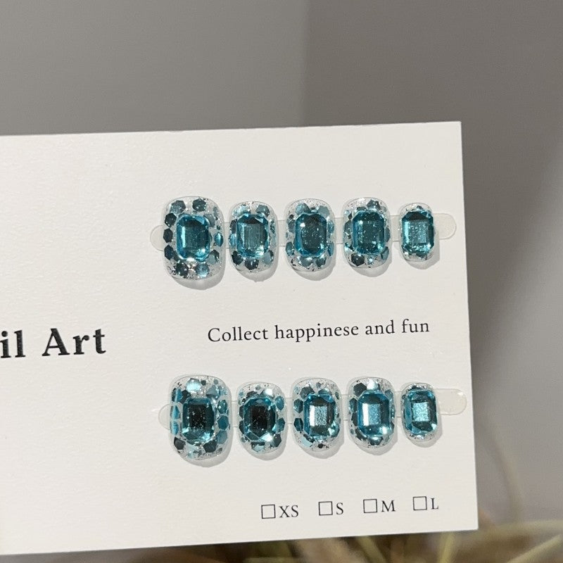 Handmade Celestial Sapphire Press-On Nails–Short OVAL | 10 PCS Set
