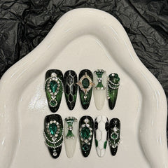 Handmade Emerald Phantom Press-On Nails – Almond| Long