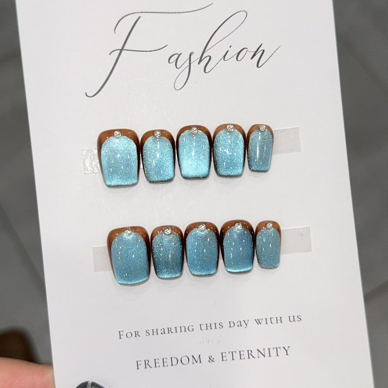 Ditto misty blue amber short ballet press-on nails reusable design