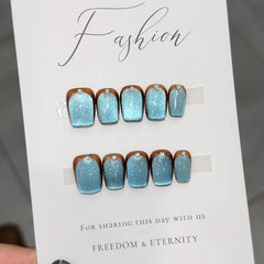 Ditto misty blue amber short ballet press-on nails reusable design