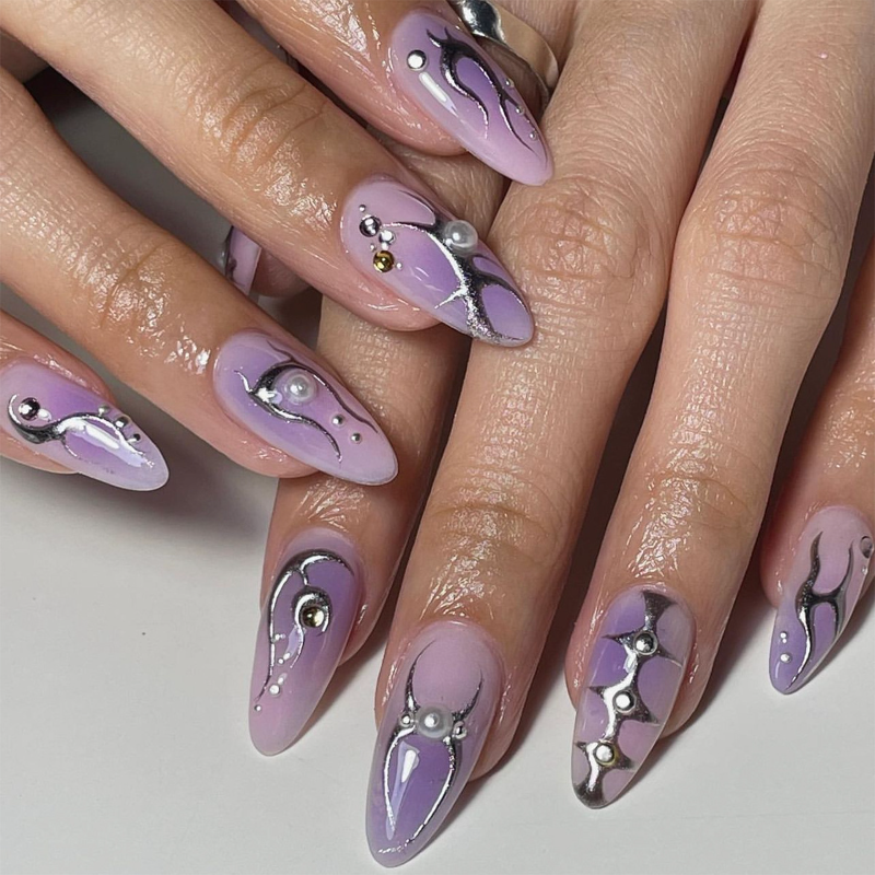 Purple Silver-Stamped  Press-On  Nails- Almond | Long