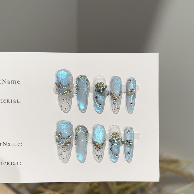 Ditto glass sea haze blue cat-eye long oval press-on nails reusable design