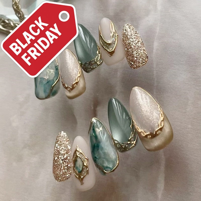 Chic 3D Gold Foil Cat Eye Press-On Nails –Medium Almond | 24PCS Set