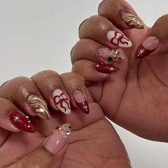 Festive Ruby Charm Press-On Nails –Short ALMOND | 24 PCS Set