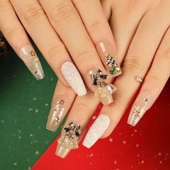 Christmas Bow Crystal Press-On Nails –long Ballet | 24 PCS Set