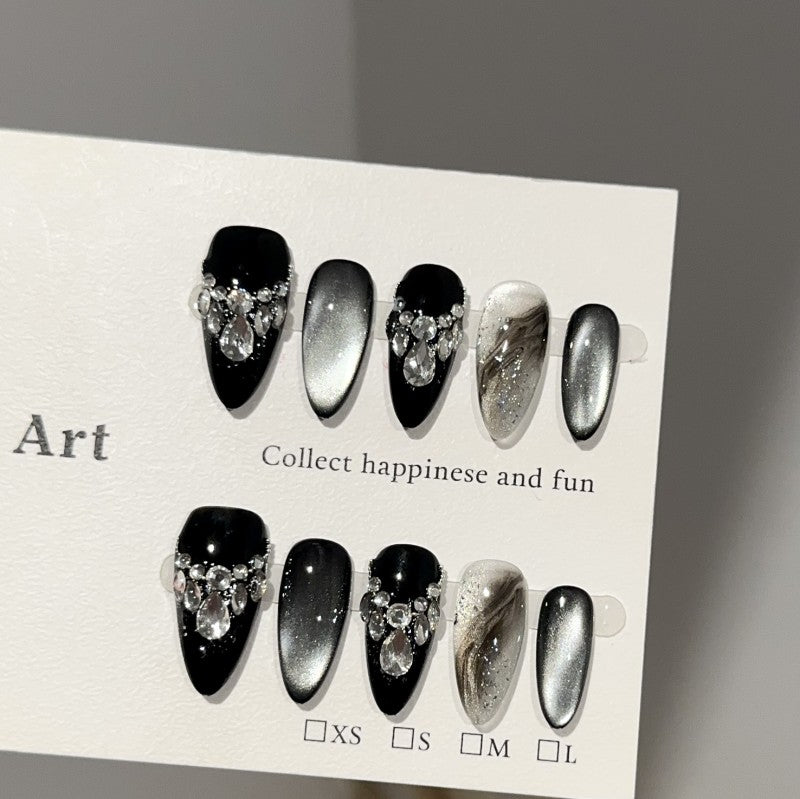 Handmade Midnight Onyx Cat-Eye Press-On Nails  –Medium ALMOND | 10 PCS Set